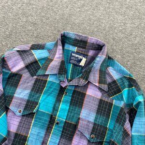 Wrangler Shirt Men 17-34 VTG X-Long‎ Tail Pearl Snap Blue Plaid USA Cowboy Cut